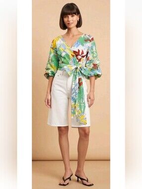 NWT! Zara Discontinued Cotton Tropical Print Puffy Sleeve Wrap Top Shirt Size L